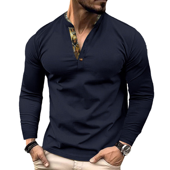 Herren nan langärmeliges Henley-Shirt mit Stehkragen und gemustertem Knopfleistenbesatz Shop Nory