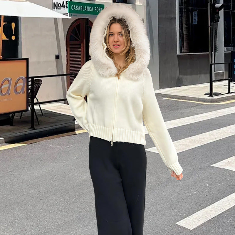 Damen Strickjacke mit Kunstfellkapuze Shopnory