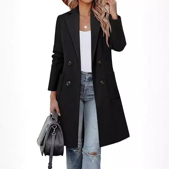 Damen Doppelreihiger Longblazer-Mantel mit aufgesetzten Taschen und taillierter Silhouette Shop Nory