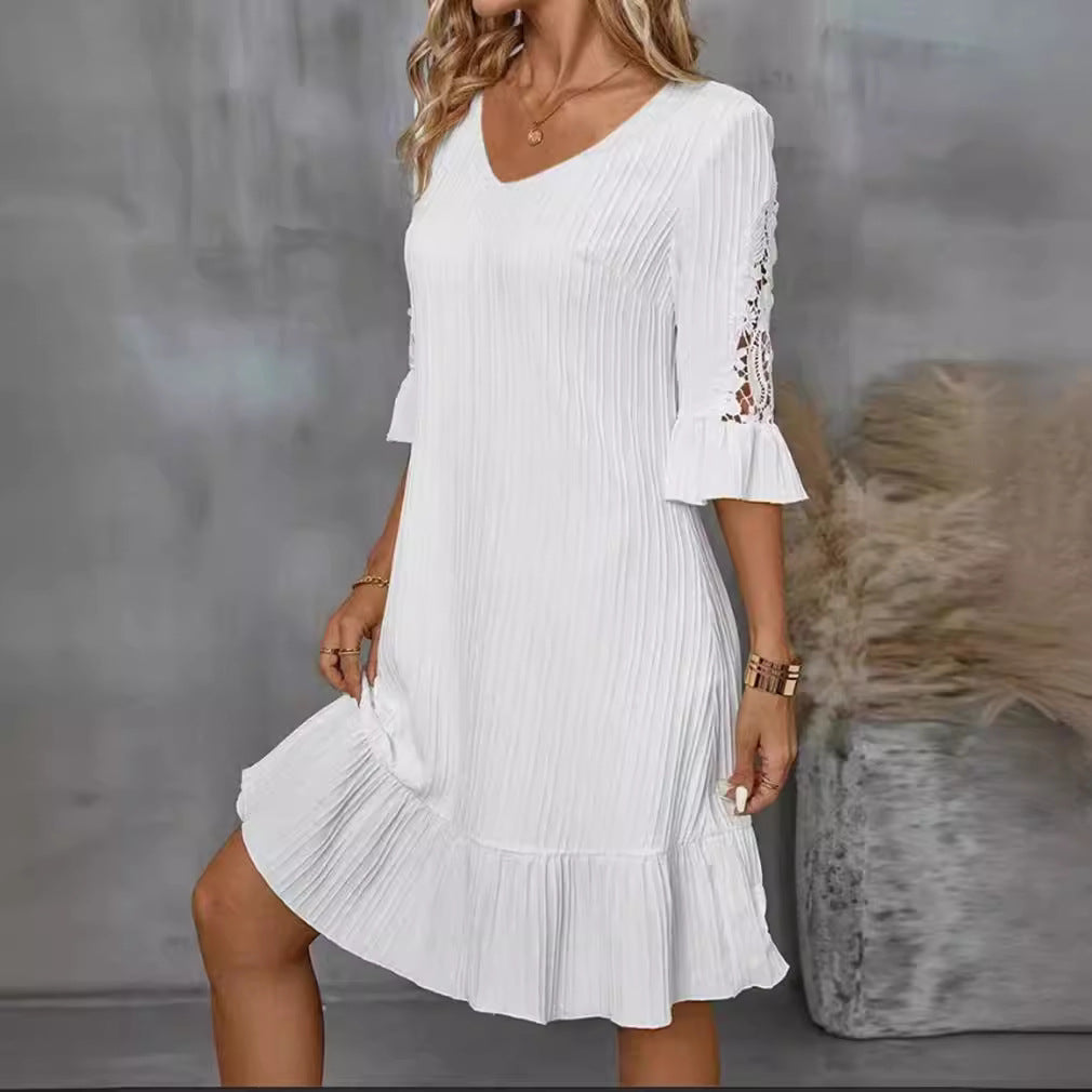 Damen Kurzarm Kleid mit voluminösem Saum und Spitzenärmeln