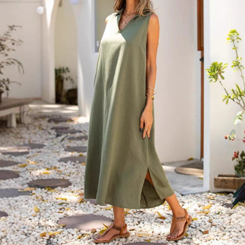Damen Langes Sommerkleid mit klassischem Kragen und seitlichen Schlitzen