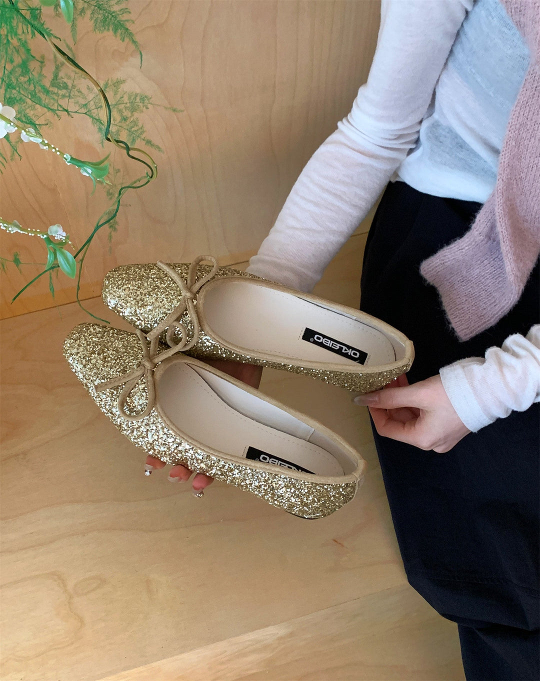 Damen Glitzernde Ballerinas mit eleganter Schleife und komfortabler Innensohle