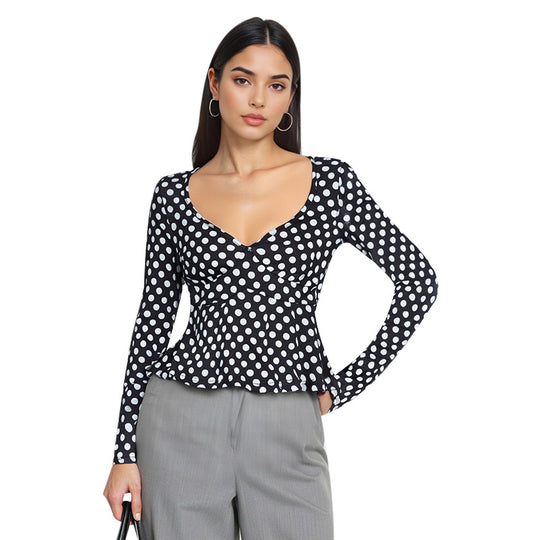 Damen Langarm-Top mit Punktmuster, tailliertem Peplum und herzförmigem Ausschnitt Shop Nory
