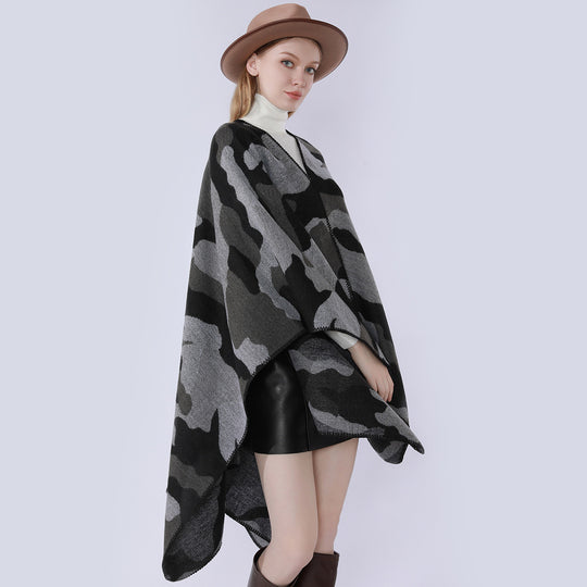 Damen Oversize-Cape mit Camouflage-Jacquard, offener Kimono-Fall und Ziernaht Shop Nory