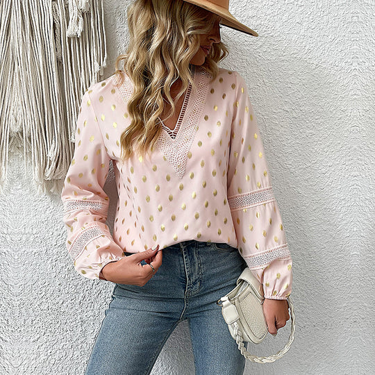 Damen Leichte Chiffonbluse mit V-Ausschnitt, Spitzenbesatz und Metallic-Pünktchen Shop Nory