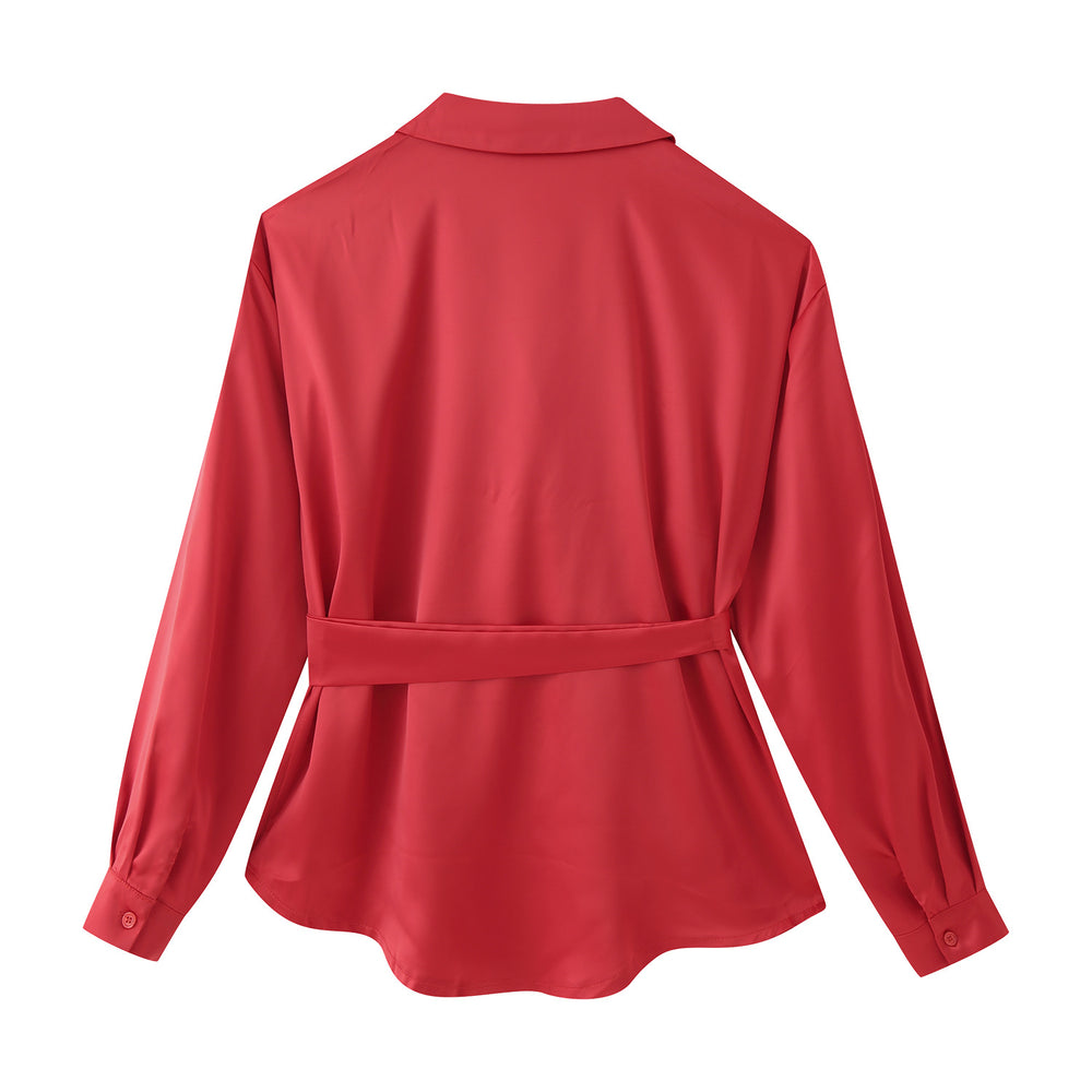 Damen Seidenglänzende Hemdbluse mit Bindegürtel und taillierendem Wickeldetail Shop Nory