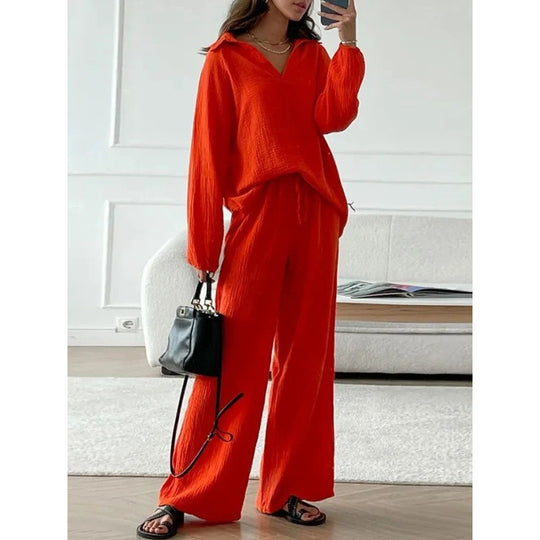 Damen Leichtes Crinkle-Lounge-Set mit V-Ausschnitt und weiter High-Waist-Hose Shop Nory