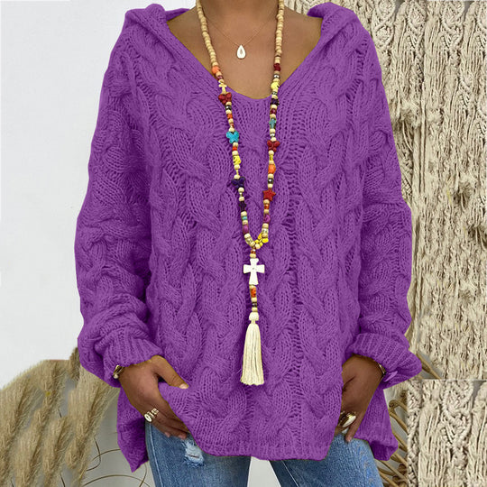 Damen nan oversized Kapuzenpullover mit Zopfmuster, tiefem V-Ausschnitt und seitlichen Schlitzen Shop Nory