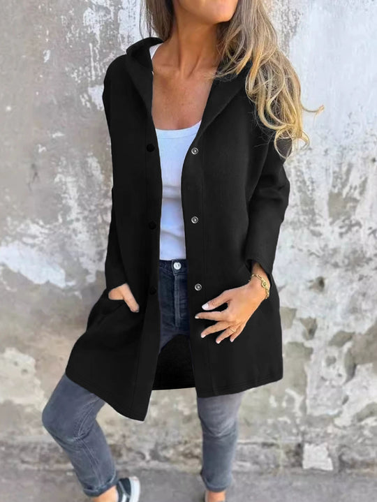 Damen Langer Kapuzenmantel aus weichem Sweat mit Druckknopfverschluss und seitlichen Eingrifftaschen Shop Nory