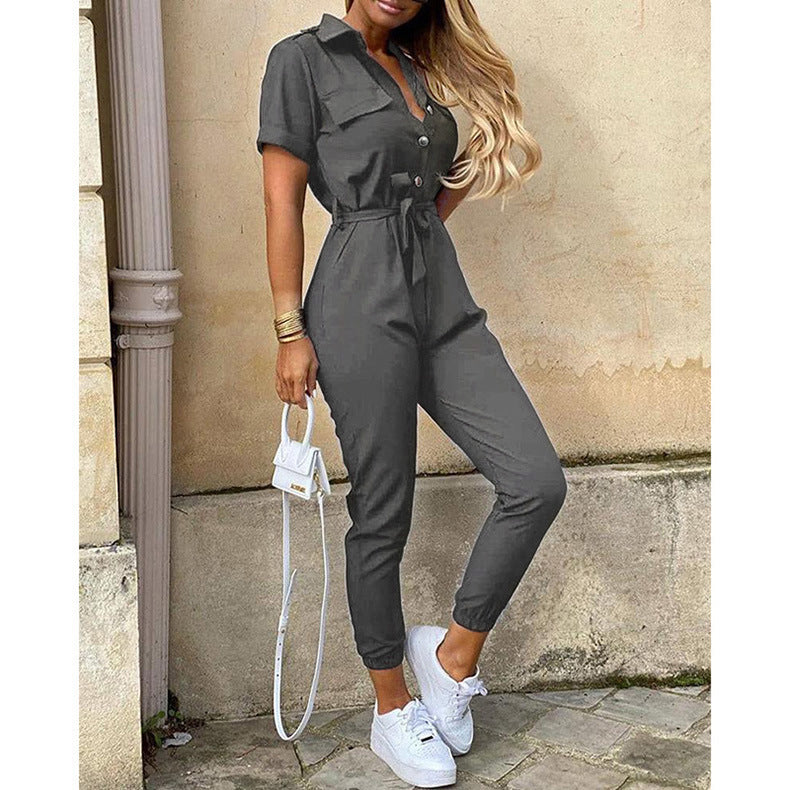 Damen Kurzarm-Utility-Overall mit Taillenbindegürtel und schmalem Joggerbein Shop Nory