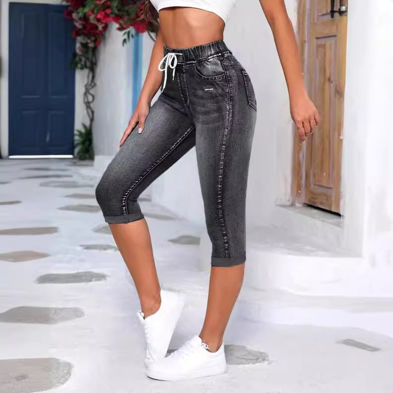 Damen lässige 3/4 Jeansleggings mit elastischem Bund und praktischen Taschen