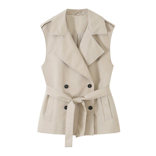 Damen Ärmellose Doppelreihige Trench‑Weste mit Reverskragen und Taillengürtel Shop Nory