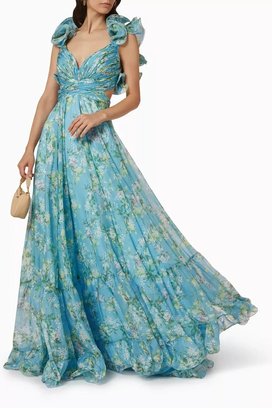 Damen Maxi-Kleid mit floralen Rüschen und schwingendem Design