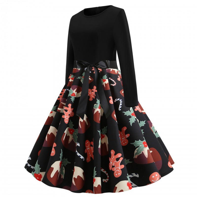 Damen Festliches Tellerkleid im Retro Stil mit langen Ärmeln tailliertem Oberteil und Satin‑Taillenschleife Shop Nory