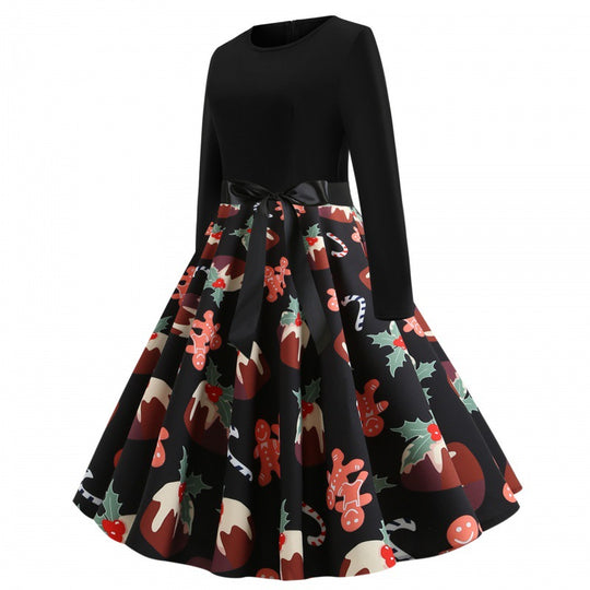 Damen Festliches Tellerkleid im Retro Stil mit langen Ärmeln tailliertem Oberteil und Satin‑Taillenschleife Shop Nory