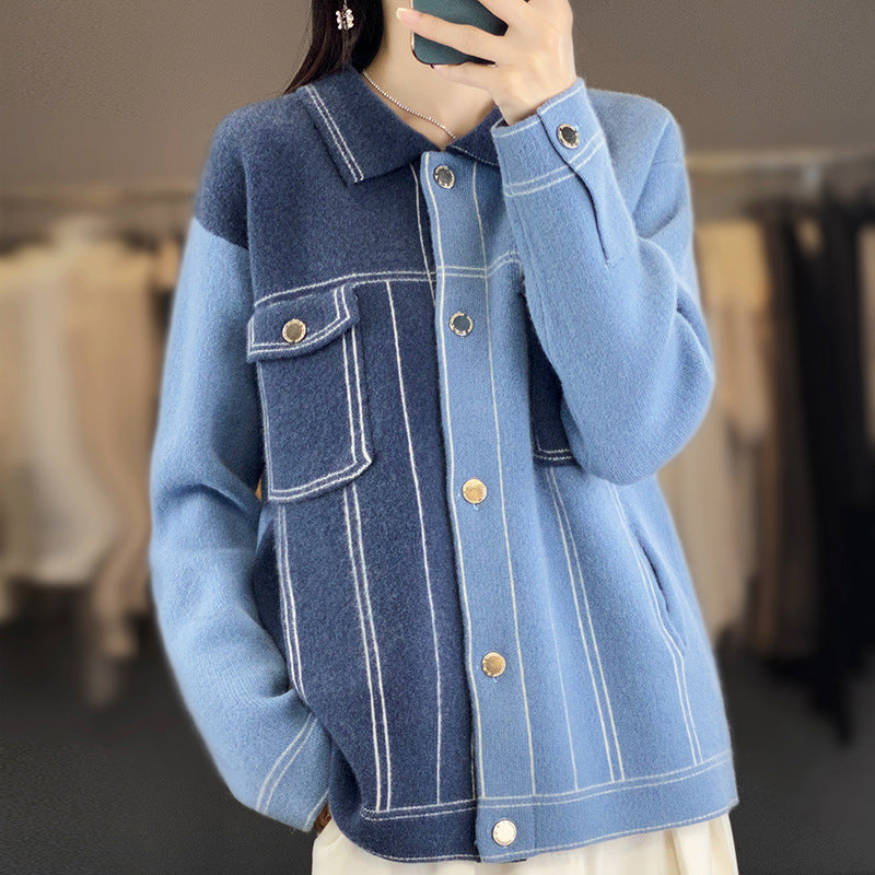 Damen Oversize-Strickjacke im Jeansjacken‑Look mit kontrastierenden Nahtdetails und Brusttasche Shop Nory