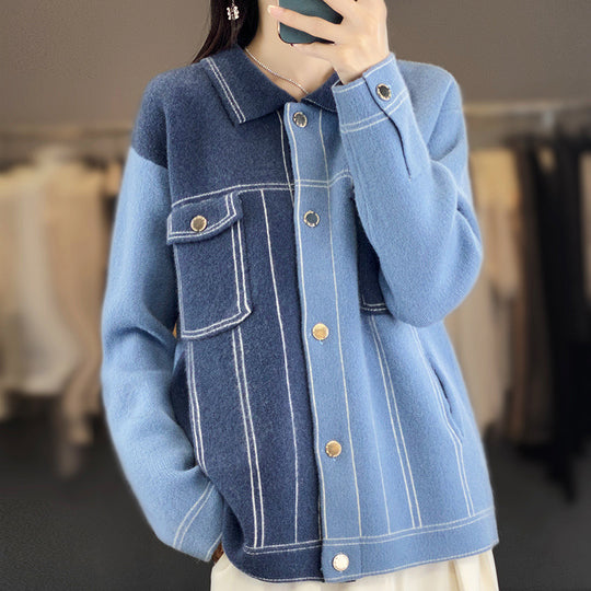 Damen Oversize-Strickjacke im Jeansjacken‑Look mit kontrastierenden Nahtdetails und Brusttasche Shop Nory