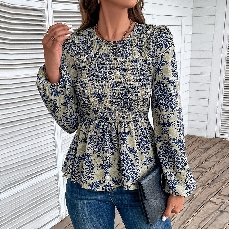 Damen Gerafftes Smock-Blusenshirt mit Peplum und voluminösen Puffärmeln Shop Nory