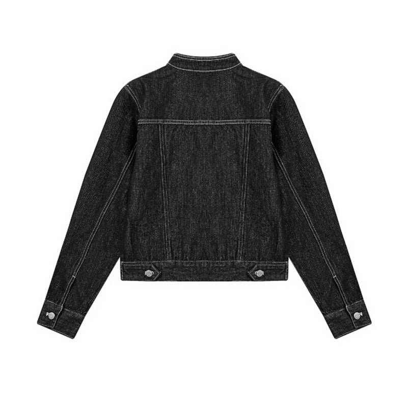Damen Taillierte Jeansjacke mit Stehkragen, Ziernähten und Metallknopfverschluss Shop Nory