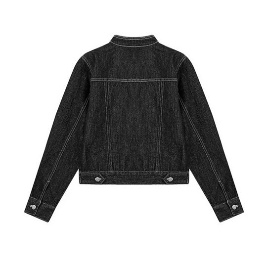 Damen Taillierte Jeansjacke mit Stehkragen, Ziernähten und Metallknopfverschluss Shop Nory