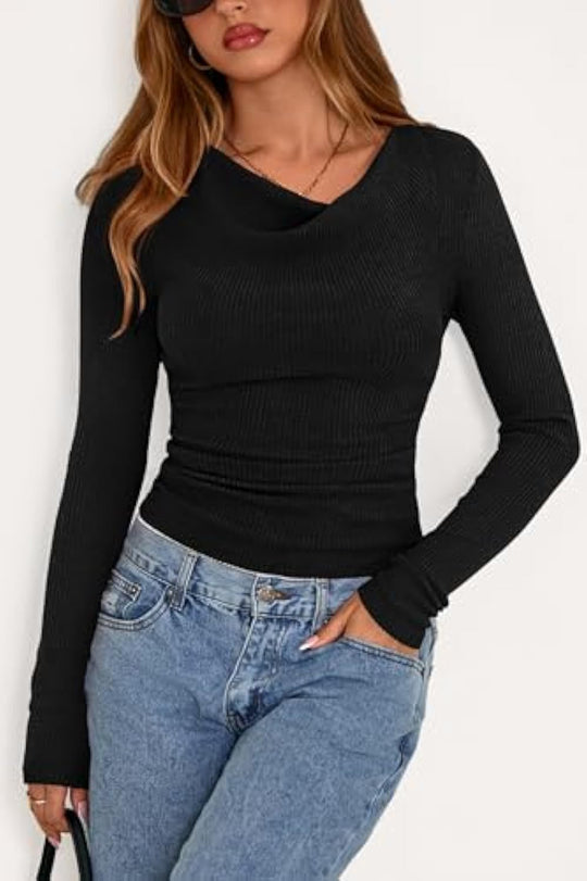 Damen Figurbetontes Feinripp-Longsleeve mit asymmetrischem Wasserfallkragen Shop Nory