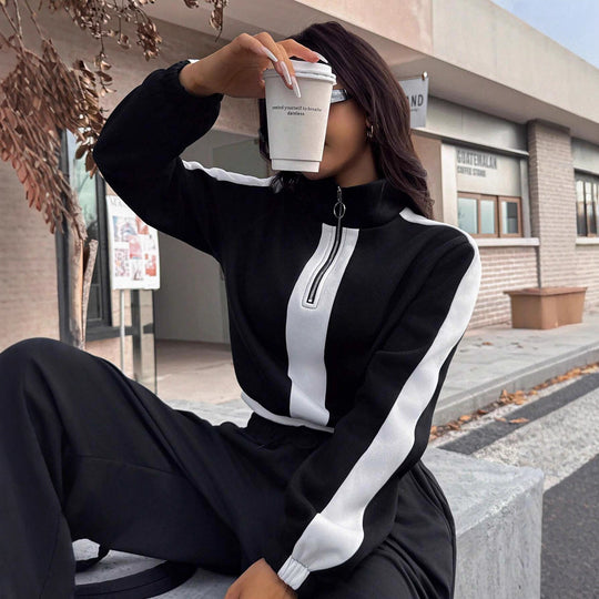 Damen kurzes Sweatshirt mit Halbreißverschluss und elastischer Bund Jogginghose Set Shop Nory