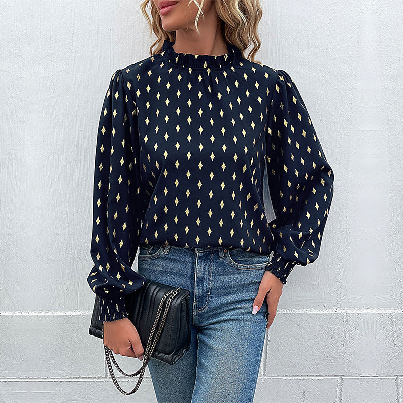 Damen Elegante Rüschen-Stehkragen-Bluse mit Puffärmeln und Smokbündchen Shop Nory