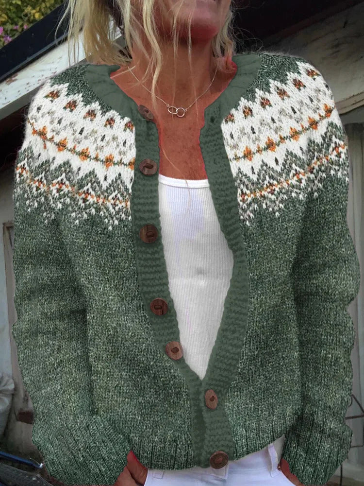 Damen nan gemusterte Strickjacke mit Rundpasse, Holzknöpfen und Eingrifftaschen Shop Nory