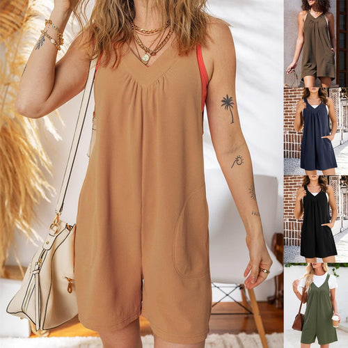 Damen Ärmelloser Waffel-Shorts-Overall mit V‑Ausschnitt und Eingrifftaschen Shop Nory