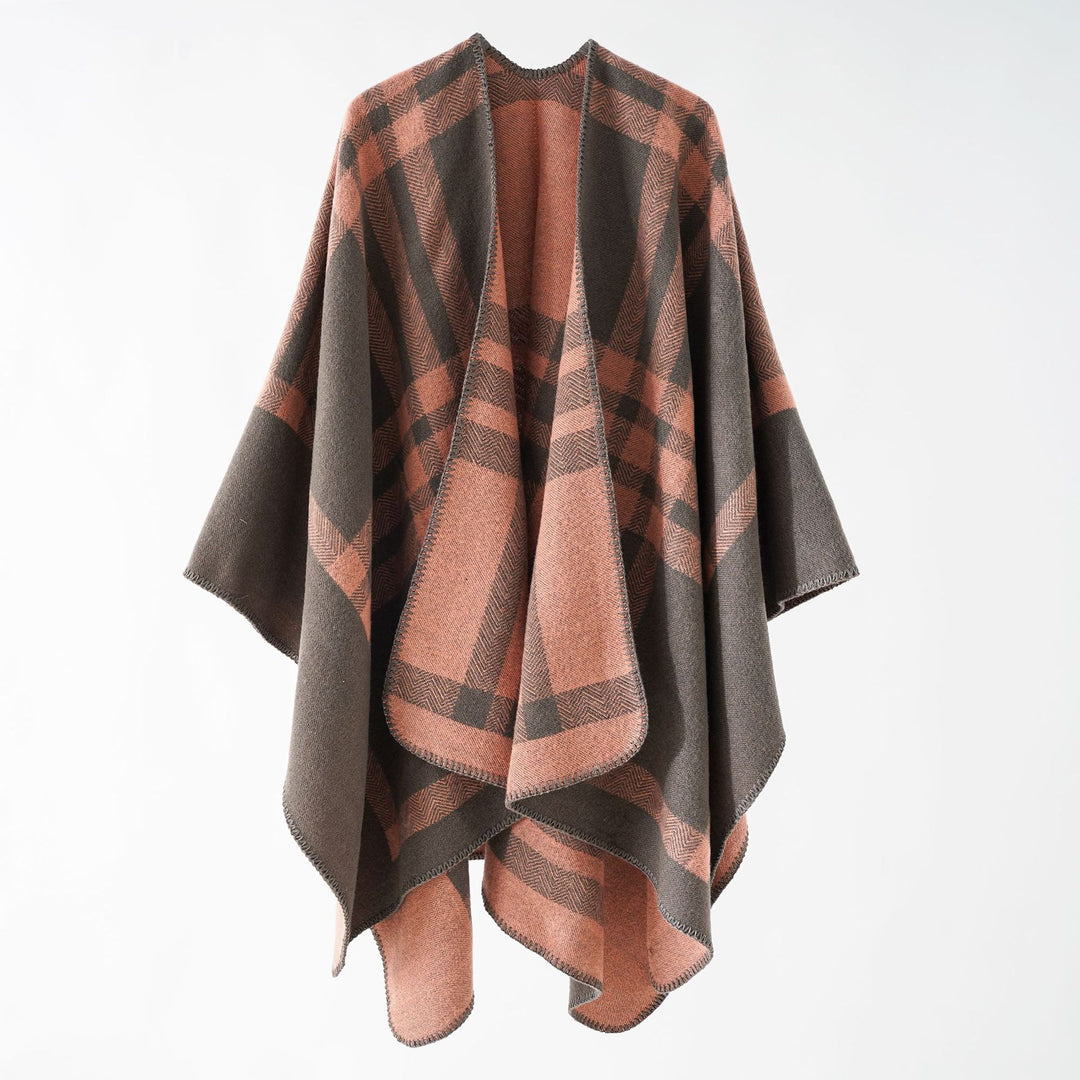 Damen Wendbarer Wollmix-Poncho mit geometrischem Karomuster und Ziernaht Shop Nory
