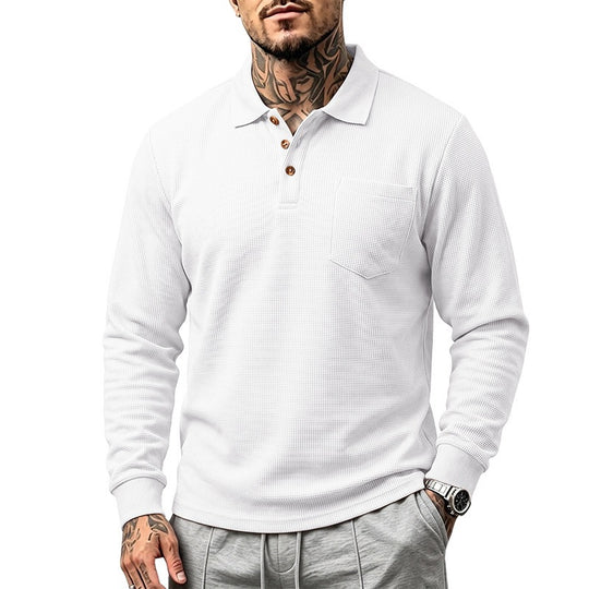 Herren Langarm-Waffelpiqué-Polo mit Knopfleiste und Brusttasche Shop Nory