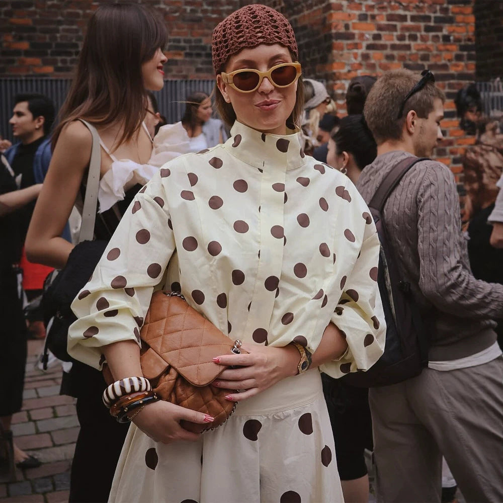 Damen Boxy Hemdjacke mit Stehkragen, Ballonärmeln und großem Polka‑Dot‑Print Shop Nory