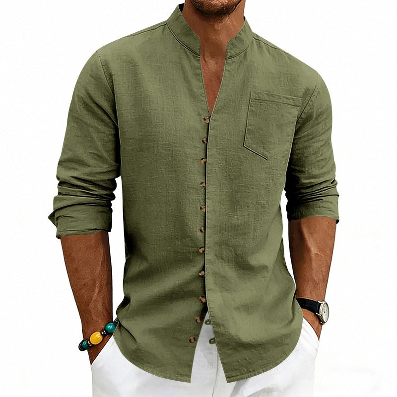 Herren Hemd mit Stehkragen und asymmetrischer Knopfleiste aus Leinenmix Shop Nory