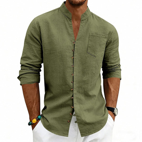 Herren Hemd mit Stehkragen und asymmetrischer Knopfleiste aus Leinenmix Shop Nory