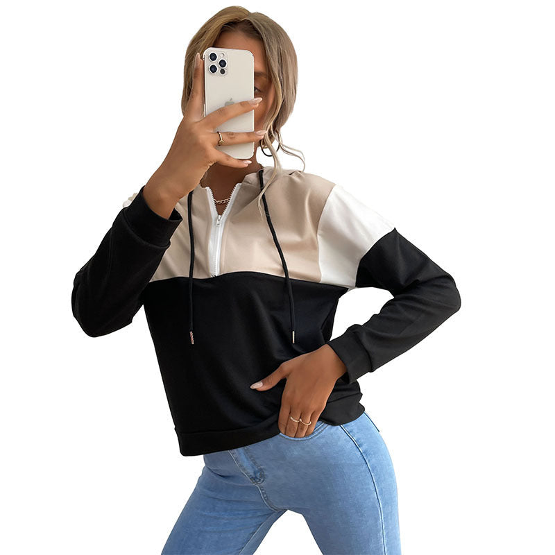 Damen Kapuzenpullover mit halbem Reißverschluss, Colorblock‑Design und Tunnelzug Shop Nory