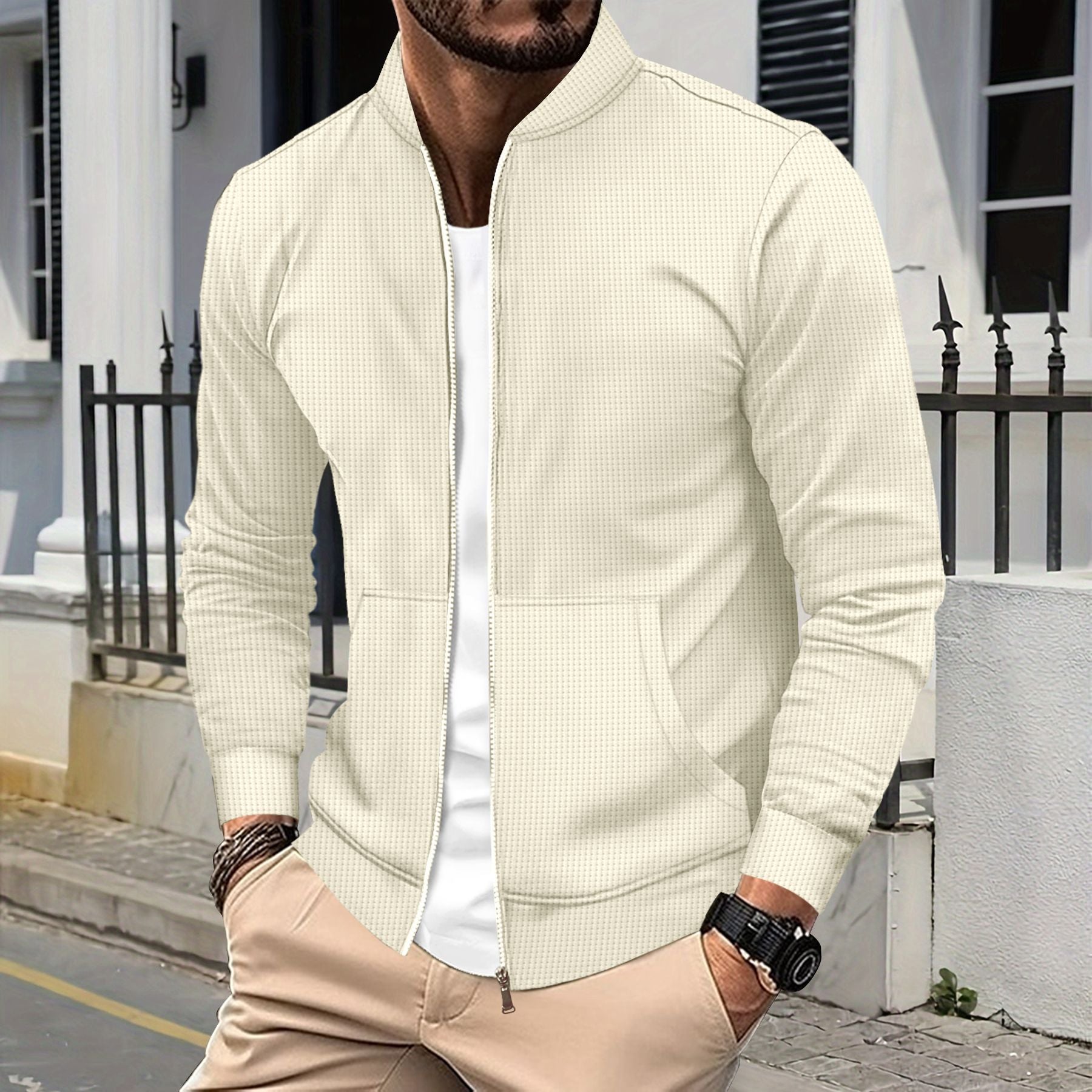 Zip Jacke Sportliche Passform Strukturierter Stoff Rippkanten Fronttaschen