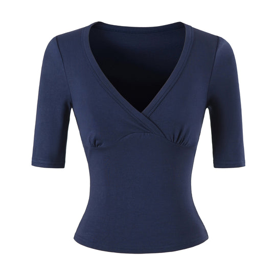 Damen Figurbetontes Wickelshirt mit tiefem V-Ausschnitt, dreiviertelärmeln und Taillenbetonung Shop Nory