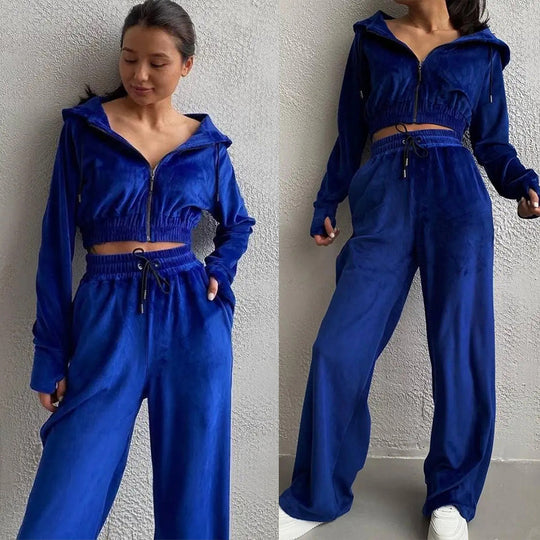Damen Samt-Loungewear-Set mit Cropped Zip-Kapuzenjacke und weiter Palazzohose Shop Nory