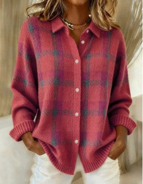 Damen Kariertes Strick-Hemdjacke-Cardigan mit Hemdkragen und gerippten Bündchen Shop Nory
