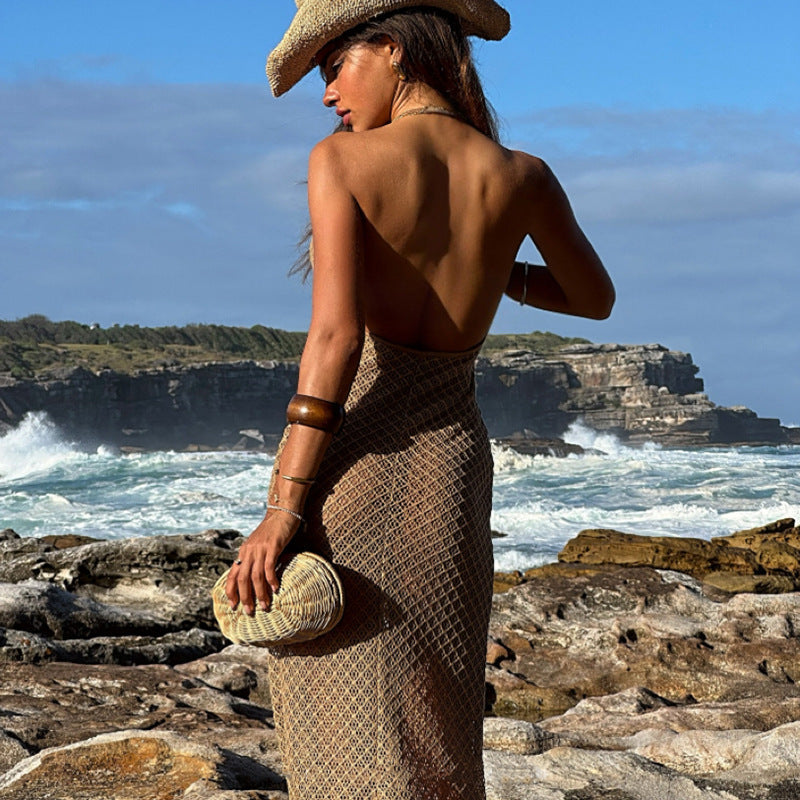 Damen Häkel-Strandkleid mit V-Ausschnitt und feinem Netzdesign