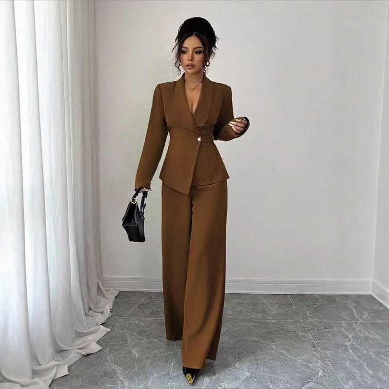 Damen tailliertes Hosenanzug-Set mit asymmetrischem Blazer und weitem Bein Shop Nory