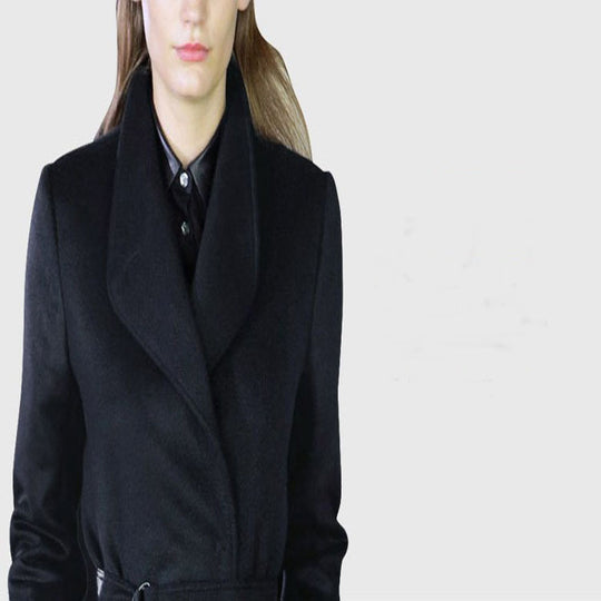 Damen Maxilanger taillierter Wickel-Longcoat mit Schalkragen und feinem Bindegürtel Shop Nory