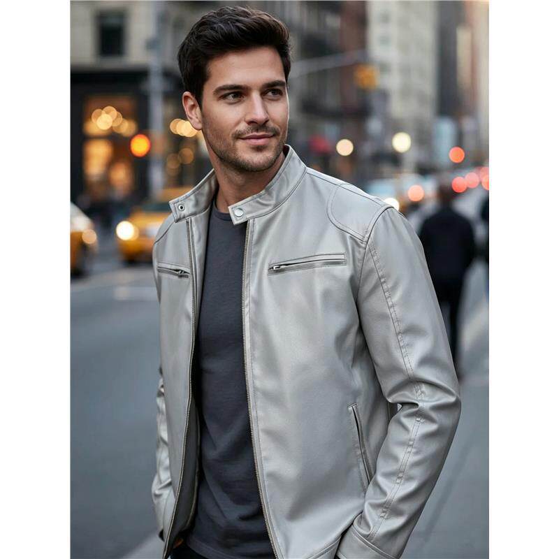 Herren Biker‑Style Kunstlederjacke mit Stehkragen und Reißverschlusstaschen Shop Nory