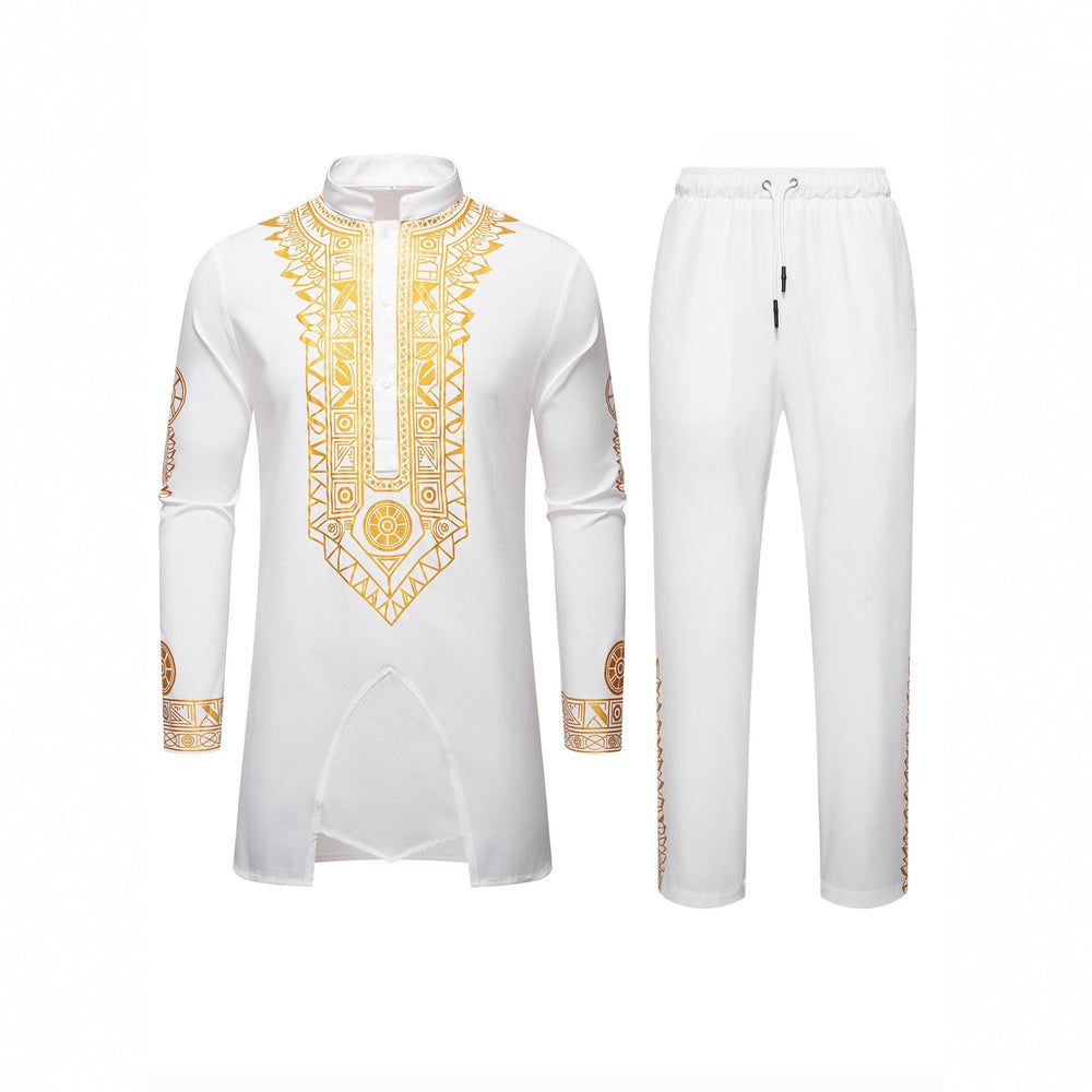 Herren Traditionelles Langarm-Kurta-Set mit Stehkragen, goldfarbenem Ornamentdruck und Tunnelzughose Shop Nory