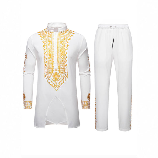 Herren Traditionelles Langarm-Kurta-Set mit Stehkragen, goldfarbenem Ornamentdruck und Tunnelzughose Shop Nory