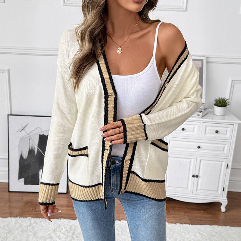 Damen Strickcardigan mit kontrastkanten, V-Ausschnitt, Knopfverschluss und aufgesetzten Taschen Shop Nory