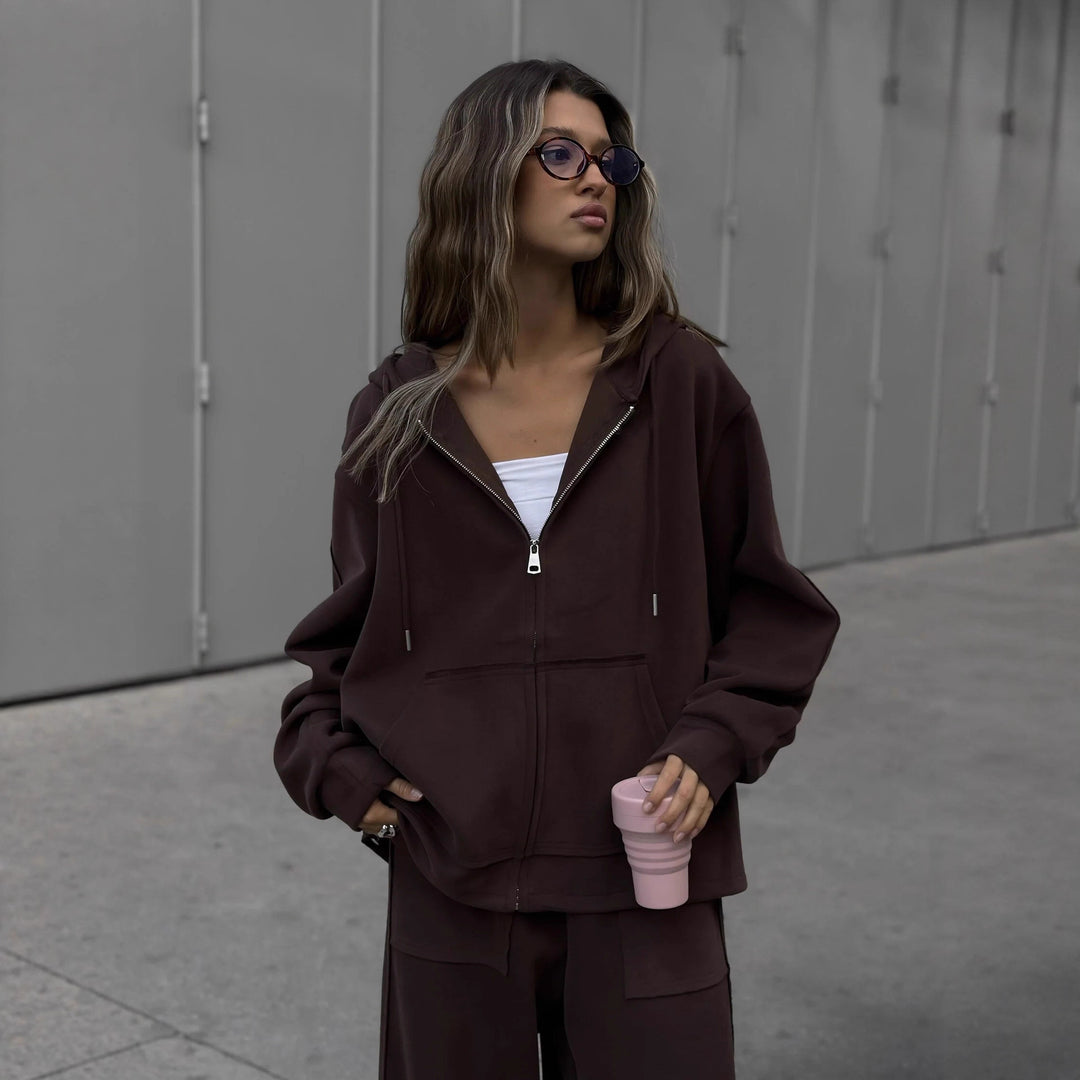 Damen oversized Kapuzenjacke mit Reißverschluss und lässiger Cargo-Loungehose Shop Nory