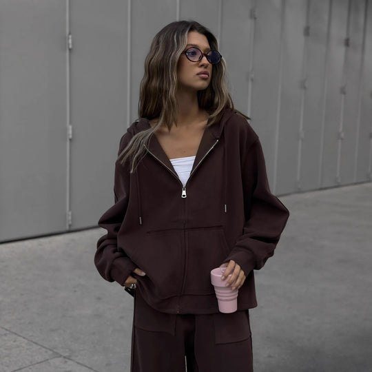 Damen oversized Kapuzenjacke mit Reißverschluss und lässiger Cargo-Loungehose Shop Nory