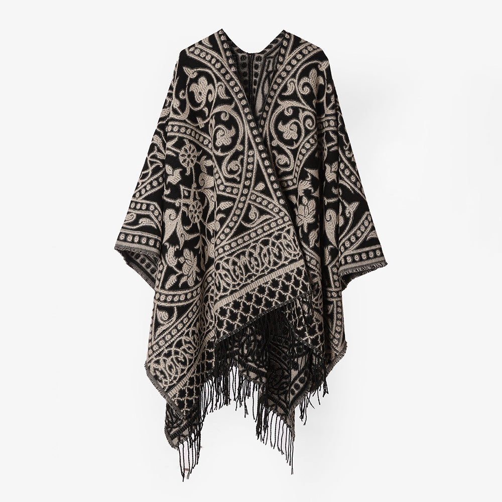 Damen Grobgewebter Rechteck‑Poncho mit orientalischem Medaillon‑Jacquard und dekorativem Fransensaum Shop Nory