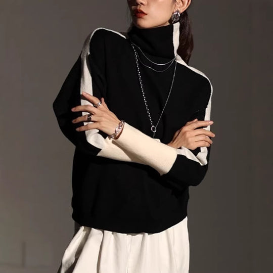 Damen Rollkragen-Feinstrickpullover mit weiten Raglanärmeln und Kontraststreifen Shop Nory